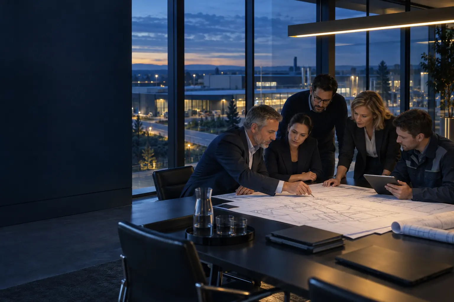 Business and engineering leaders reviewing plans in a strategy room