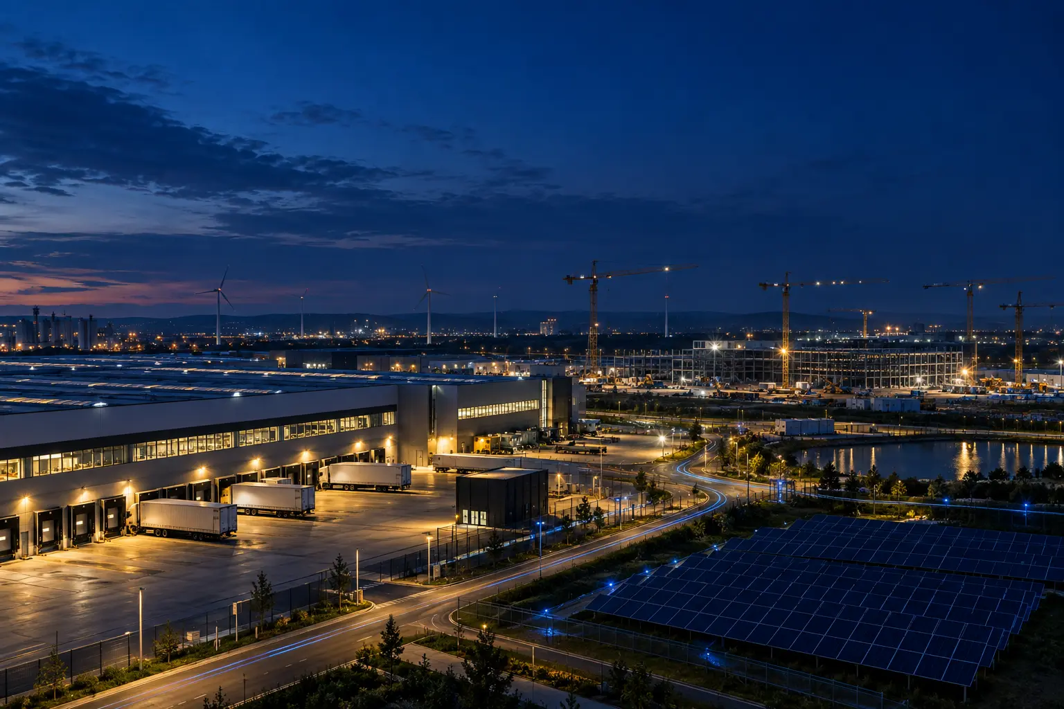 European industrial, logistics, construction and renewable-energy campus at blue hour