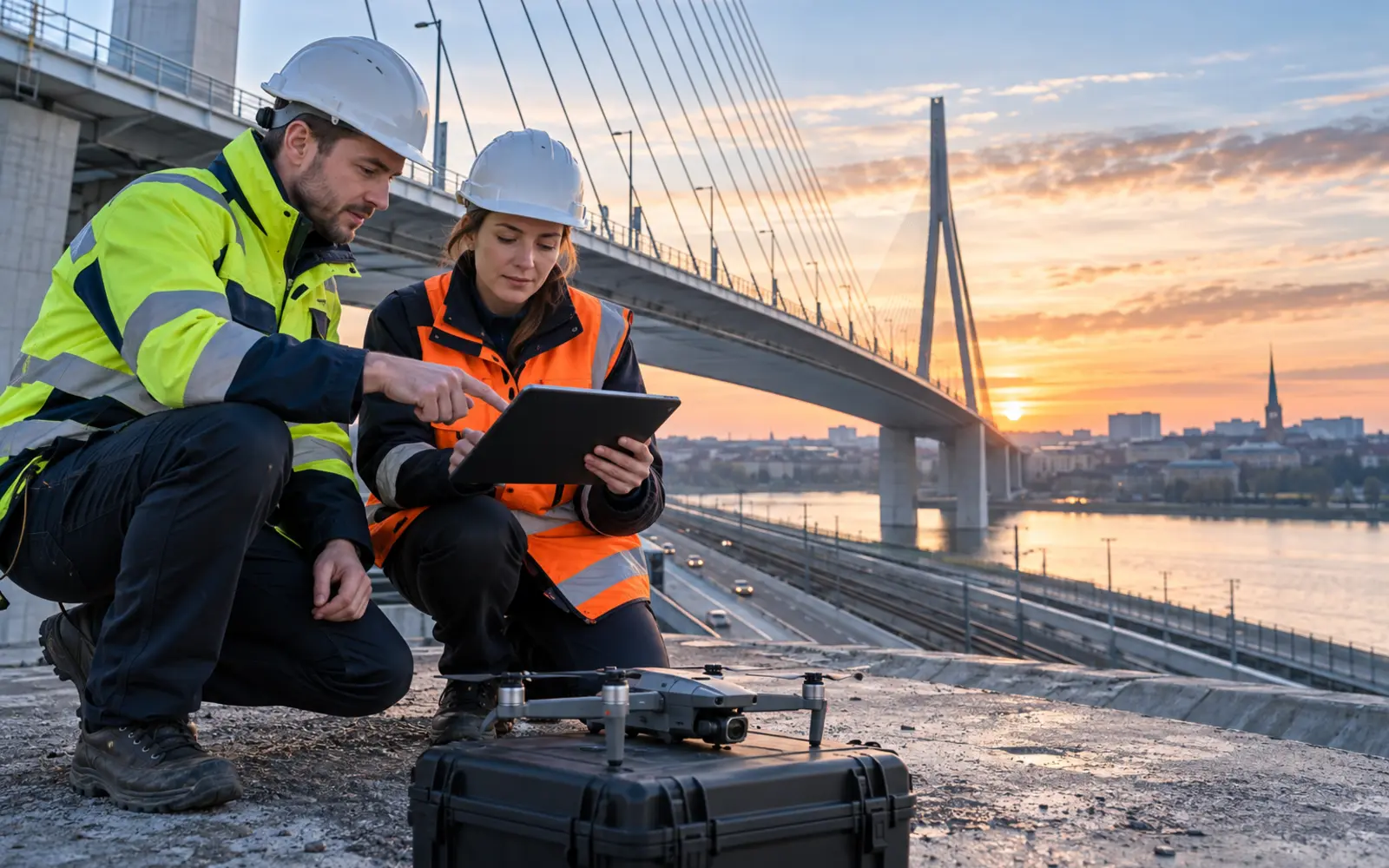 Bauingenieure überprüfen Feldbilder und Brückenzustandsdaten während einer Inspektion