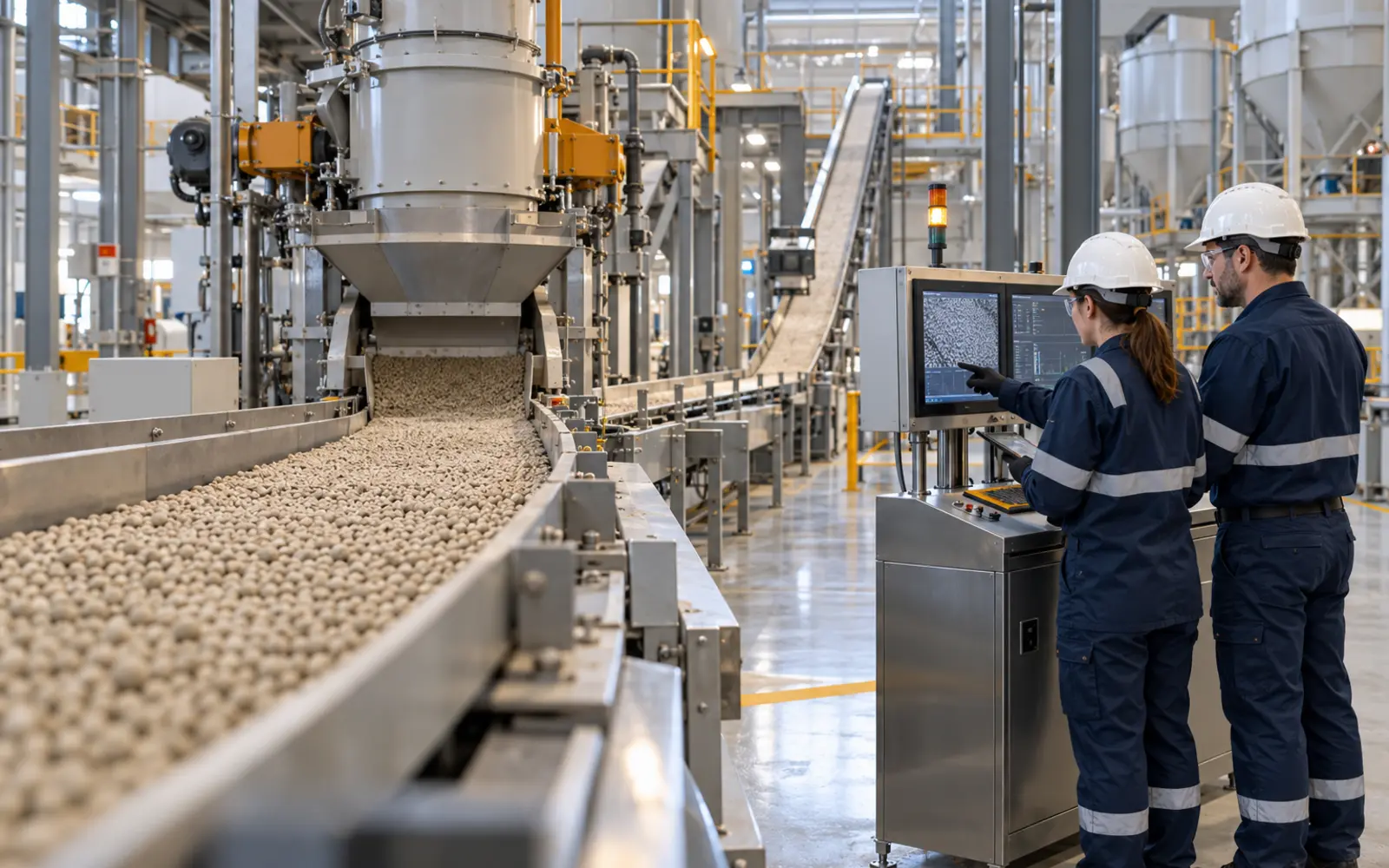 Prozessingenieure überwachen eine moderne Bentonit-Granulationsanlage